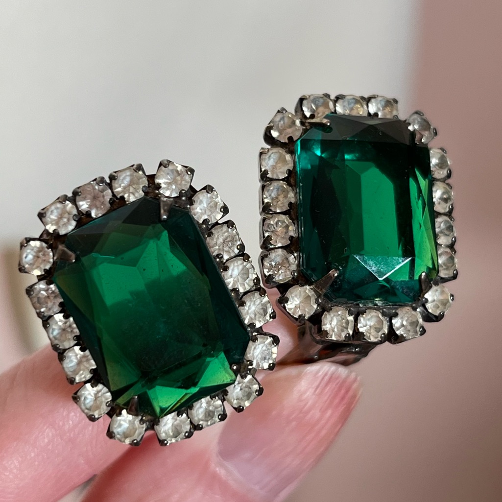 Vintage 1940 Art Deco Emerald Green Emerald Cut Crystal Halo Oversized Earrings